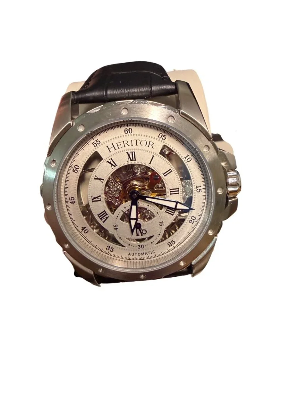 Heritor Automatic Skeleton Watch With Black Leather Strap Stainless Steel Case &